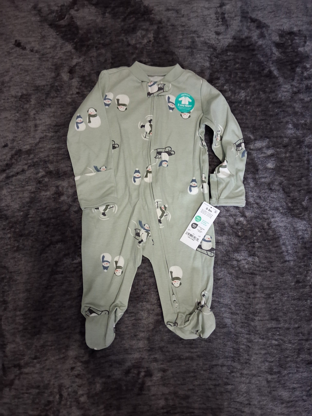 NWT Carters Sage Green Snowman Outfit/sleeper, Footed Pajamas Baby 0-3month